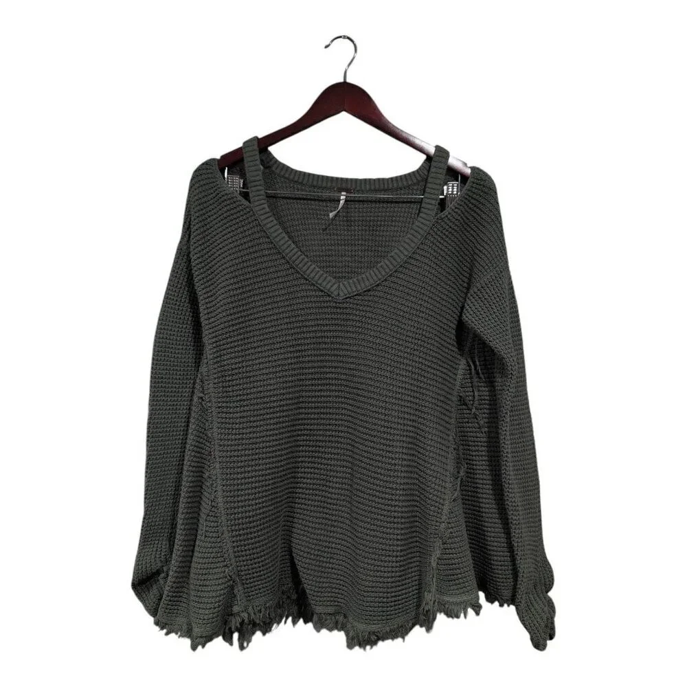 Free People Sweater Moonshine Cold Shoulder Waffle Knit Raw Edge Green Sz M